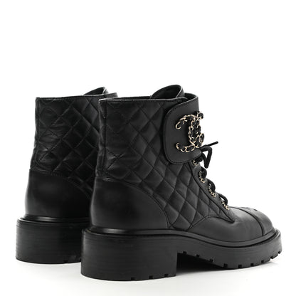 Chanel Lambskin Calfskin Quilted Lace Up Combat Boots 38.5 Black 4 of 10