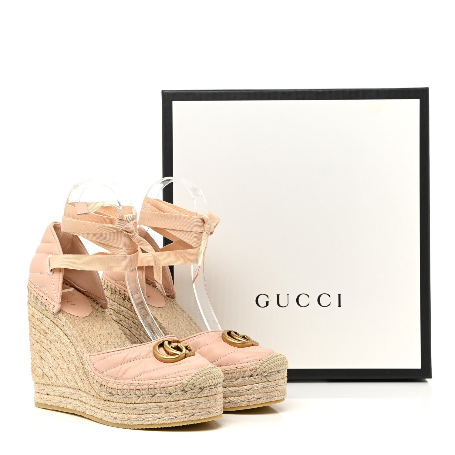 Gucci Nappa Matelasse GG Marmont Ankle Wrap Platform 35/120mm Espadrille Wedges 37.5 Skin Rose 14 of 14