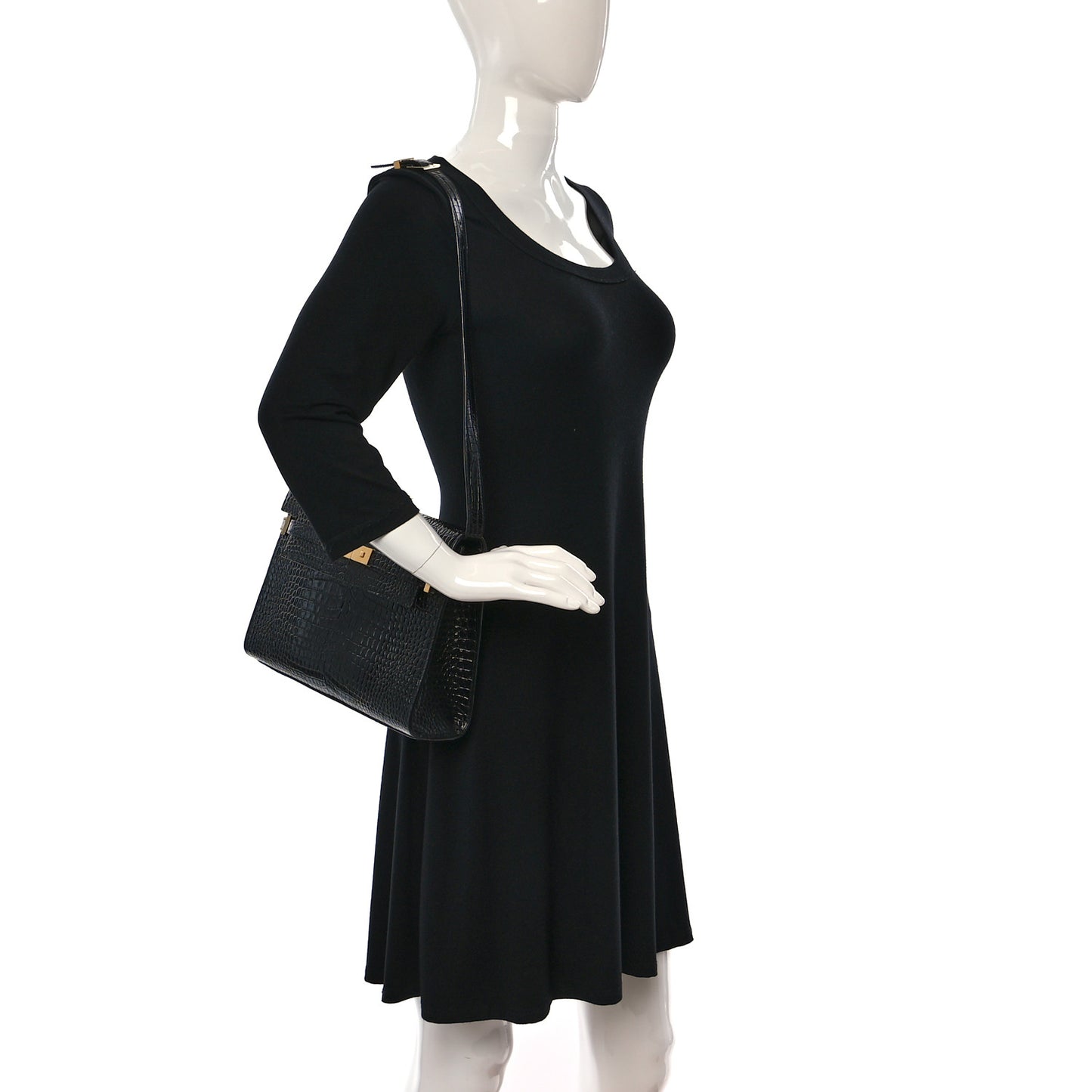 Shiny Calfskin Crocodile Embossed Manhattan Baguette Black