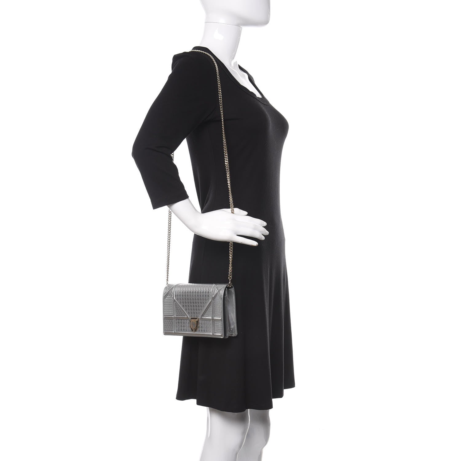 Christian Dior Metallic Patent Micro-Cannage Diorama Wallet on Chain Pouch Silver 2 of 9