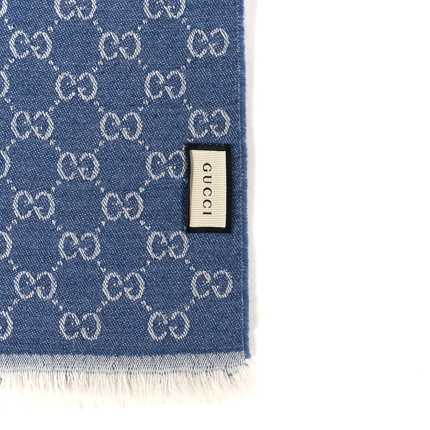 Gucci Wool GG Monogram HalfGG Fringe Scarf Ivory Sky Blue 3 of 4