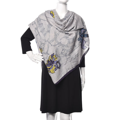 Hermes Cashmere Silk Cavalcadour Shawl 140 Gris Chine Juane Marine 2 of 6