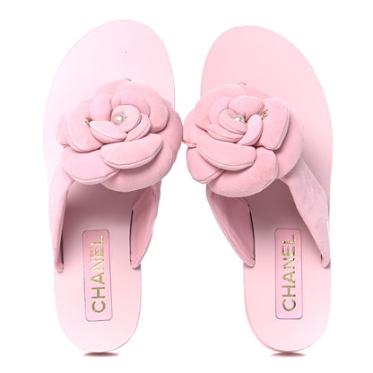 Chanel Suede Pearl Camellia Thong Sandals 37 Light Pink 2 of 8