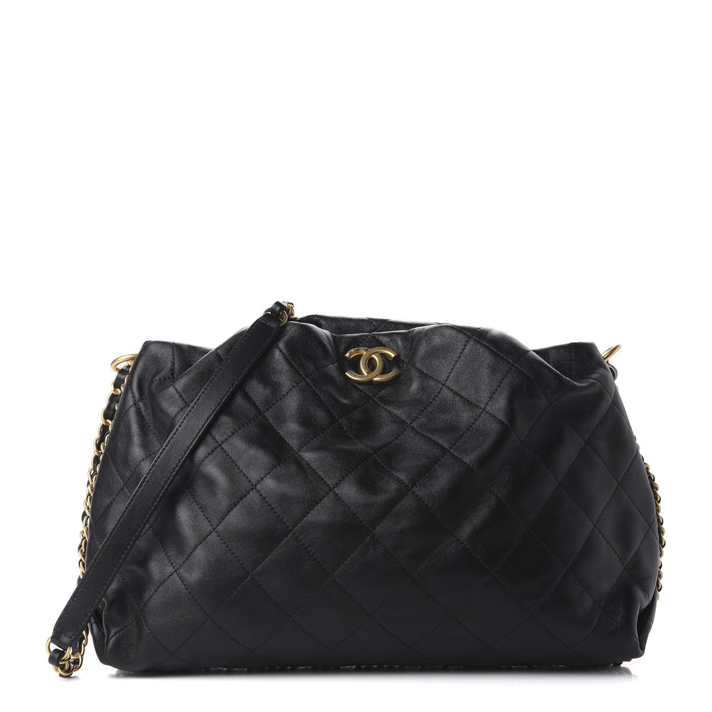 Calfskin Quilted Chain Around Tote Black