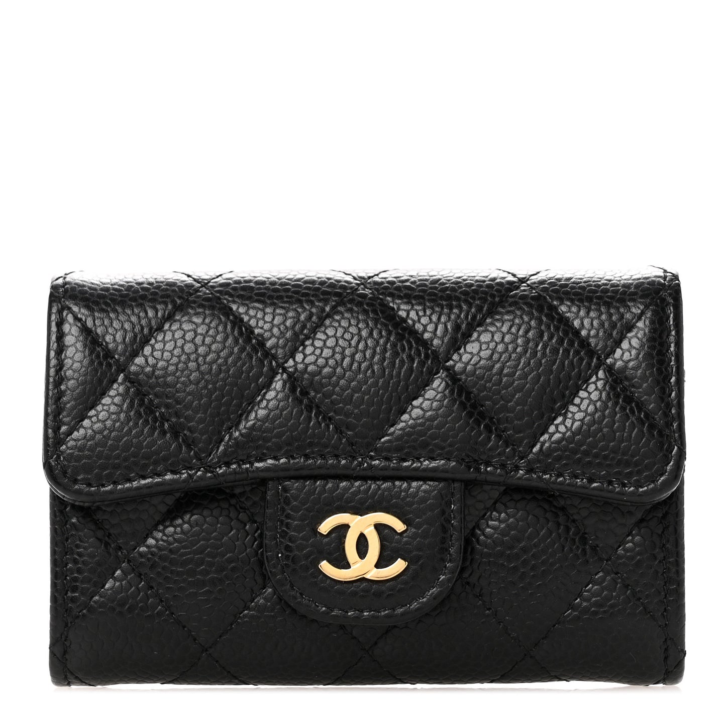 Caviar Quilted Flap Card Holder Wallet Black