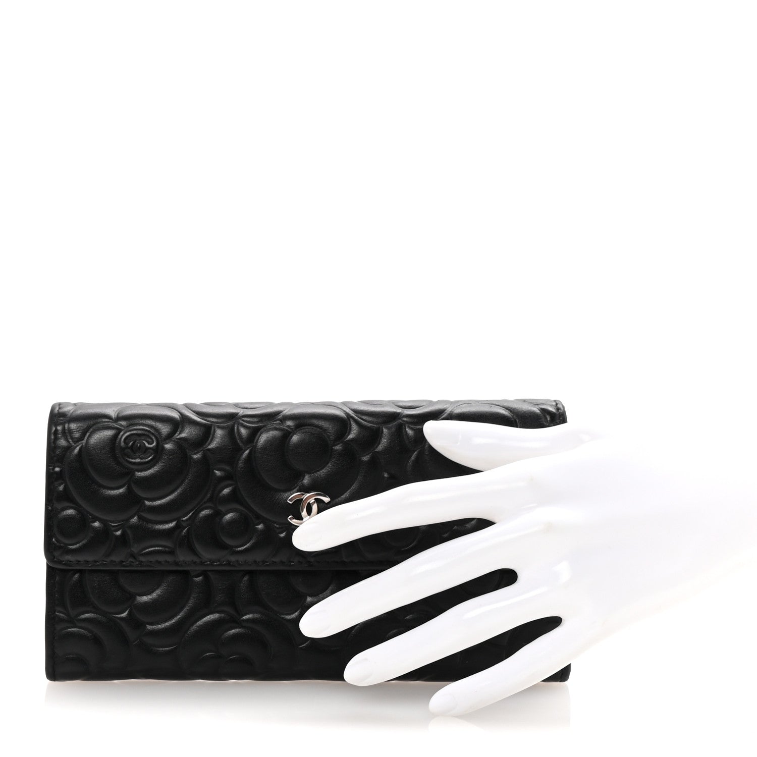 Chanel Goatskin Embossed Camellia Large Gusset Flap Wallet Black 2 of 8