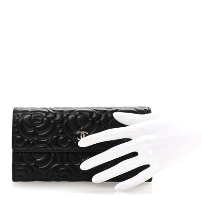 Chanel Goatskin Embossed Camellia Large Gusset Flap Wallet Black 2 of 8