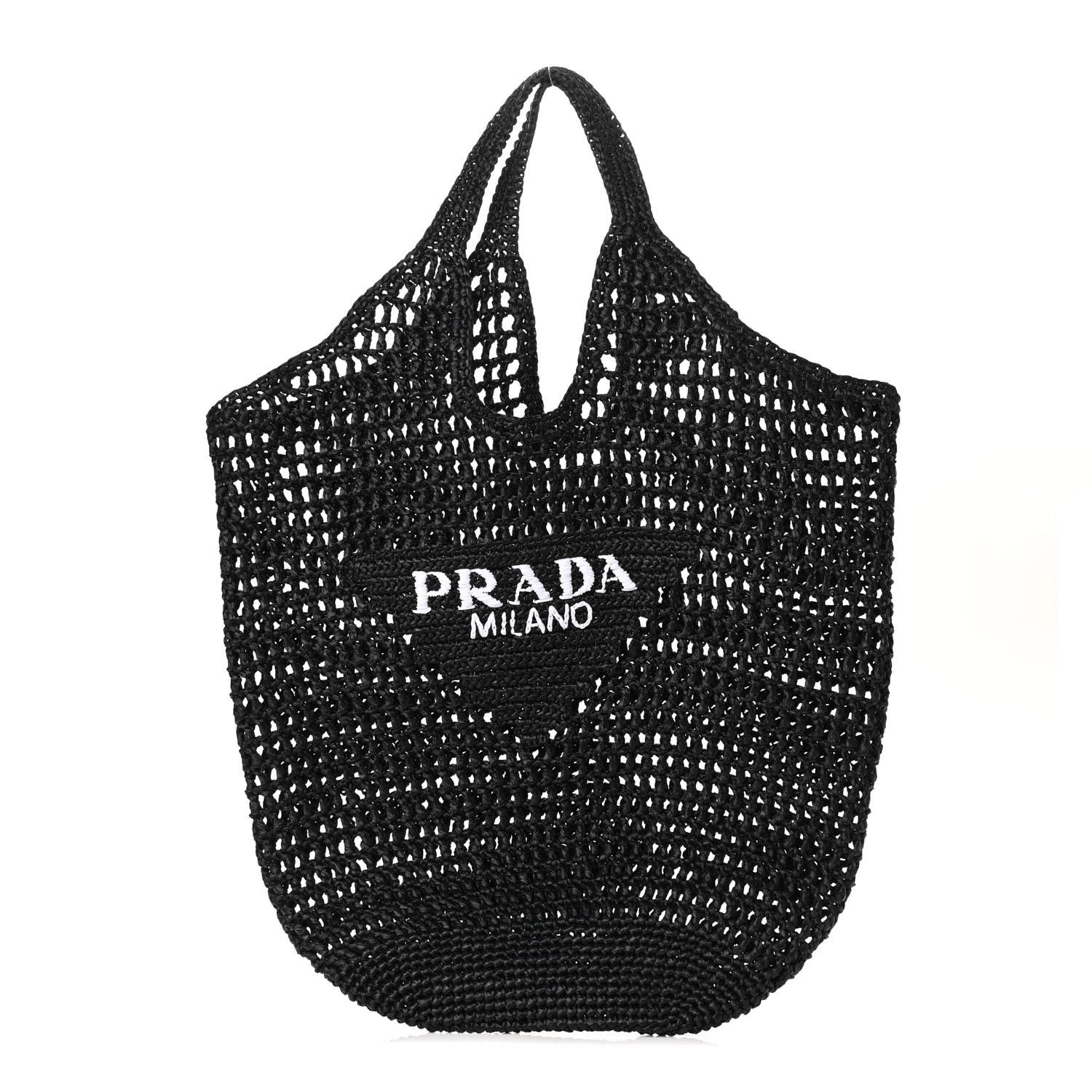 Prada Yarn Raffia Effect Crochet Logo Embroidered Shopping Tote Bag Black 1 of 9