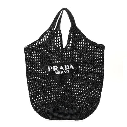 Prada Yarn Raffia Effect Crochet Logo Embroidered Shopping Tote Bag Black 1 of 9