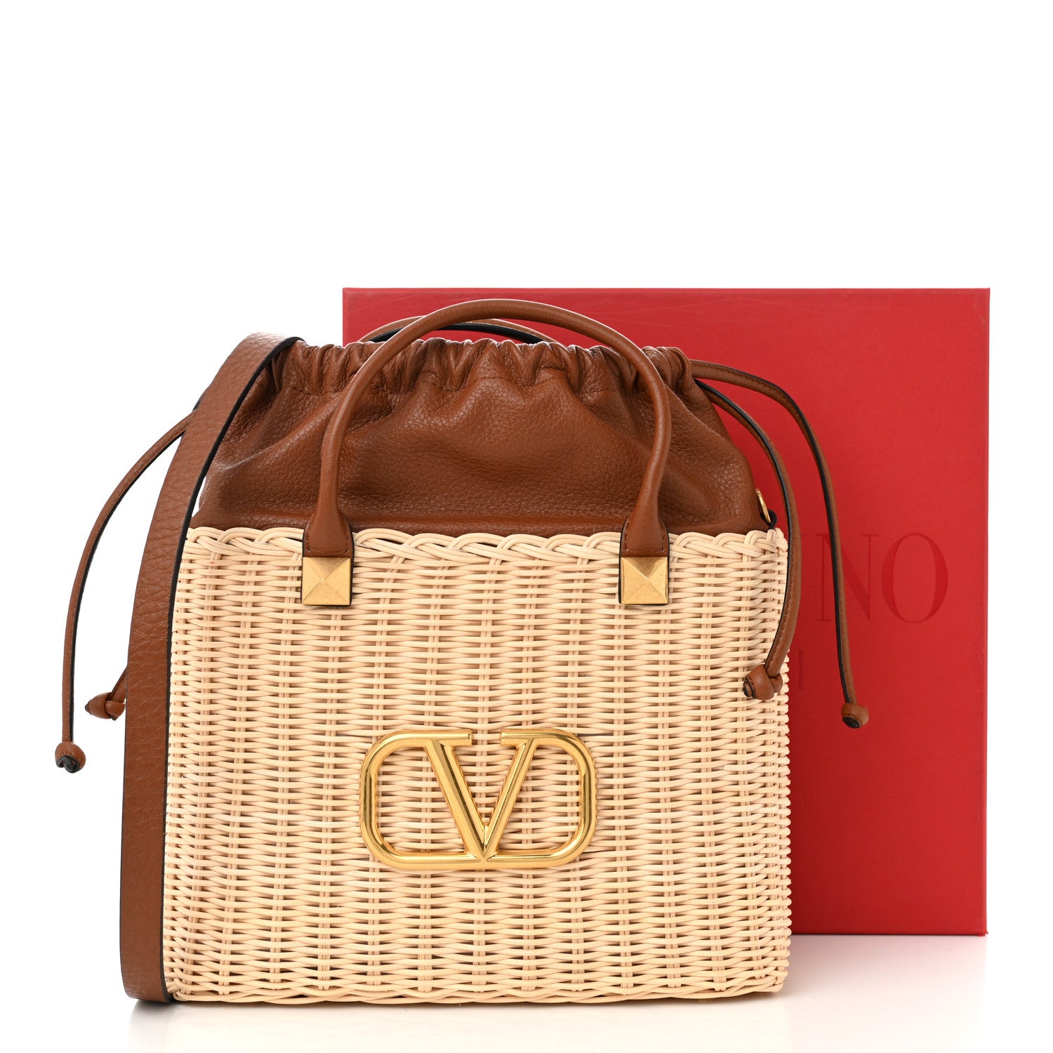 Valentino Garavani Wicker Vlogo Calfskin Top Handle Bag Natural Saddle Brown 10 of 10