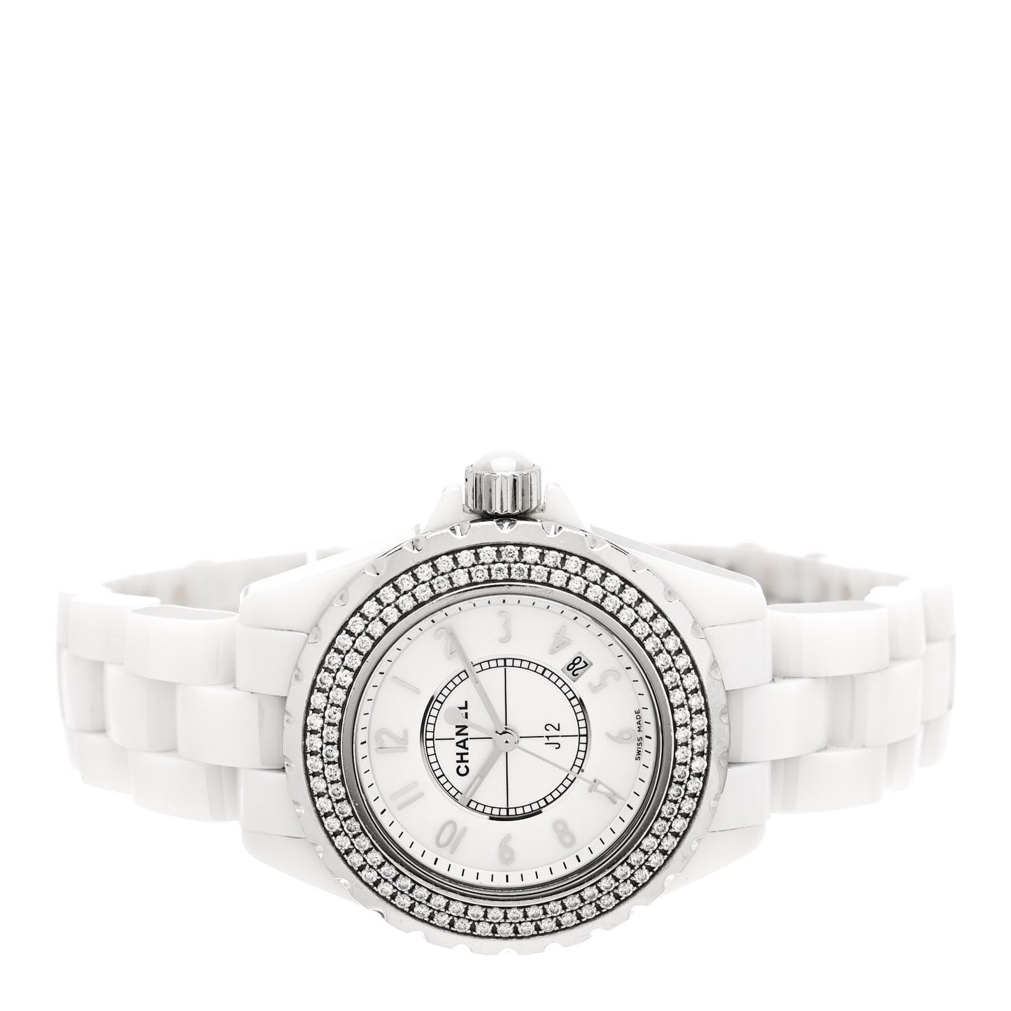 Stainless Steel Ceramic Diamond Pave Bezel 33mm J12 Quartz Watch White
