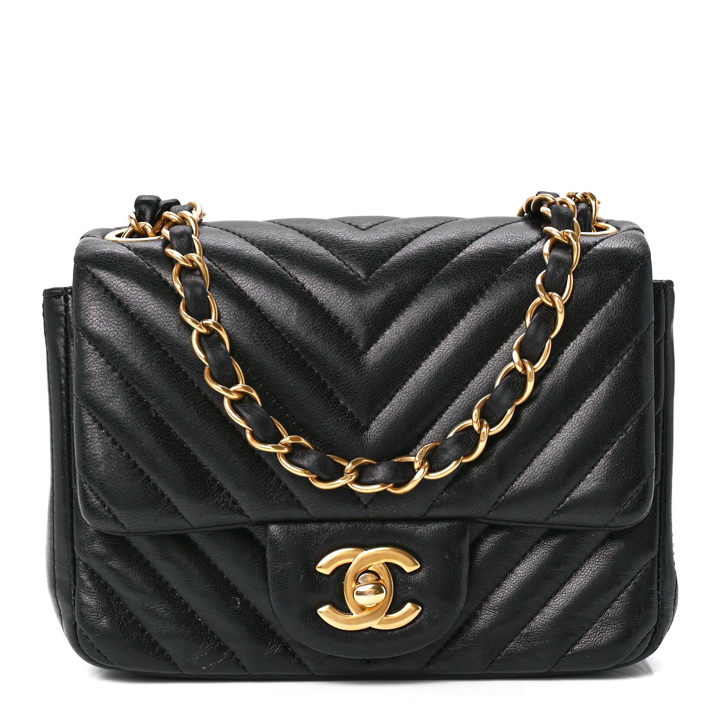 Lambskin Chevron Quilted Mini Square Flap Black
