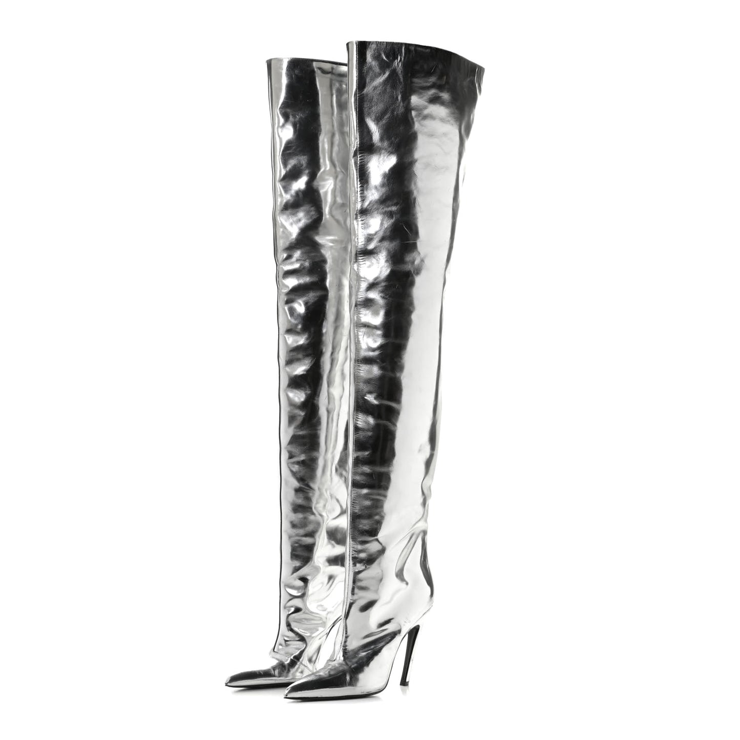 Metallic Calfskin Thigh High Boots 37.5 Silver