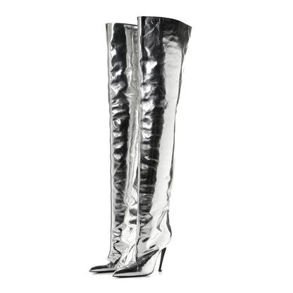 Balenciaga Metallic Calfskin Thigh High Boots 37.5 Silver 3 of 9