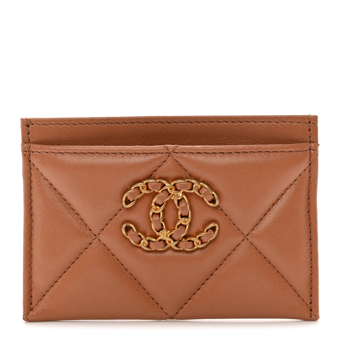 Lambskin Quilted Chanel 19 Card Holder Brown