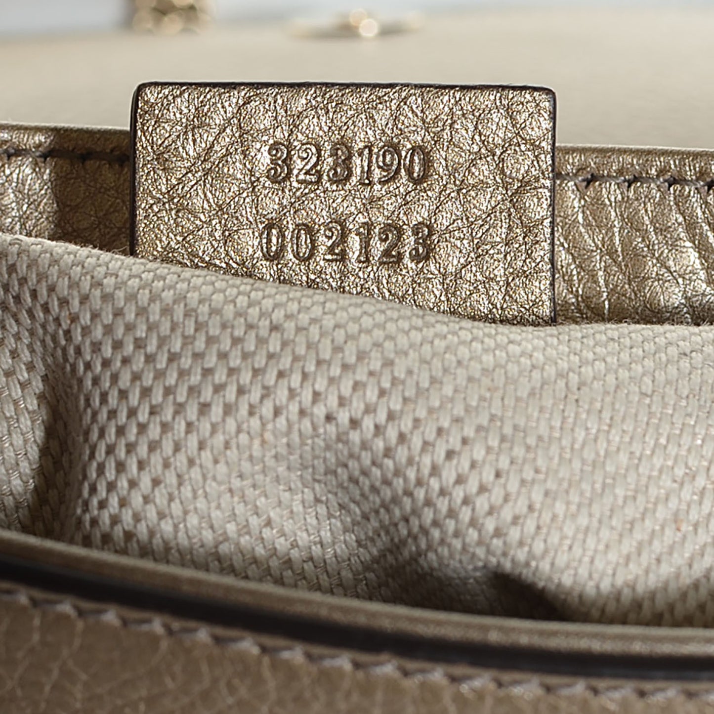 Metallic Pebbled Calfskin Small Soho Flap Crossbody Golden Beige