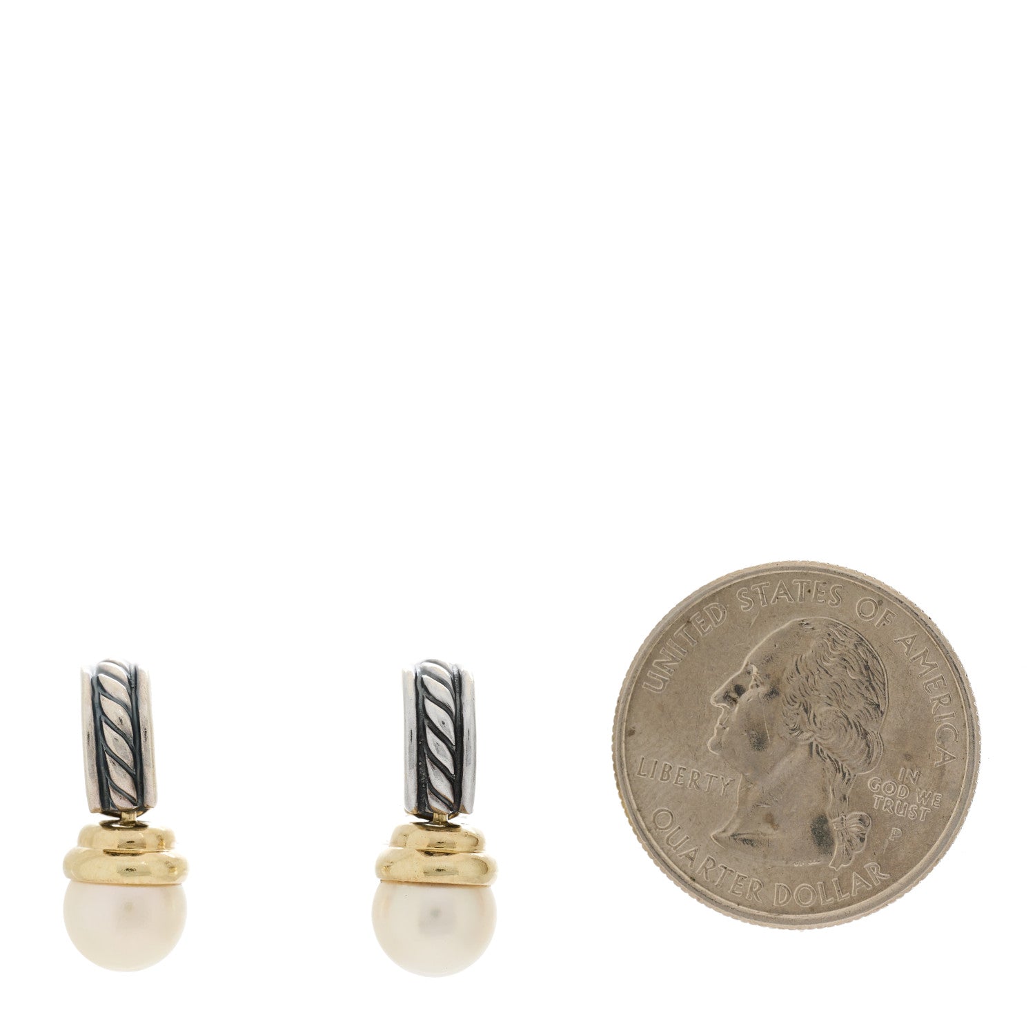 David Yurman Sterling Silver 14K Yellow Gold Pearl Cable Drop Earrings 2 of 5