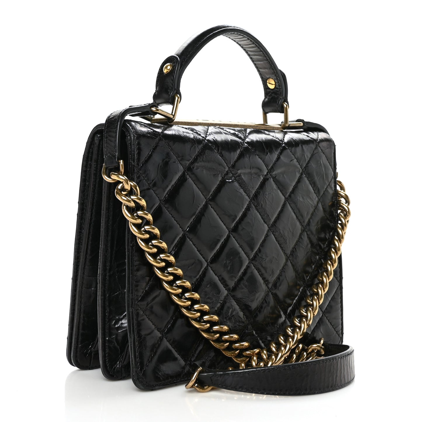Glazed Calfskin Quilted Rita Top Handle Flap Black