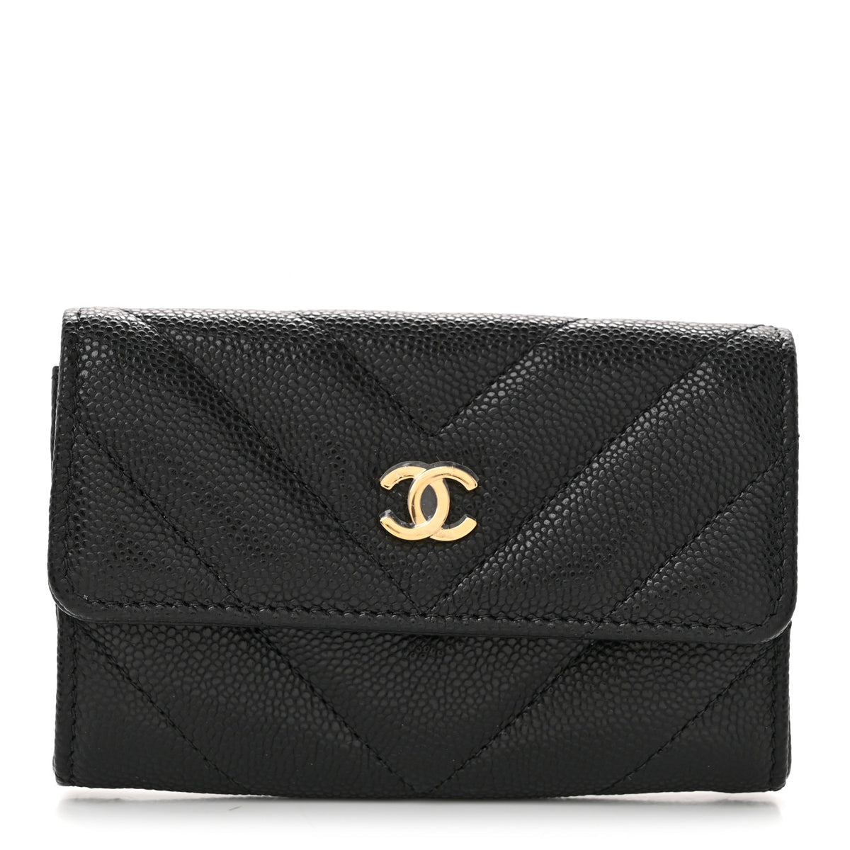Shiny Caviar Chevron Quilted Flap Card Holder Black