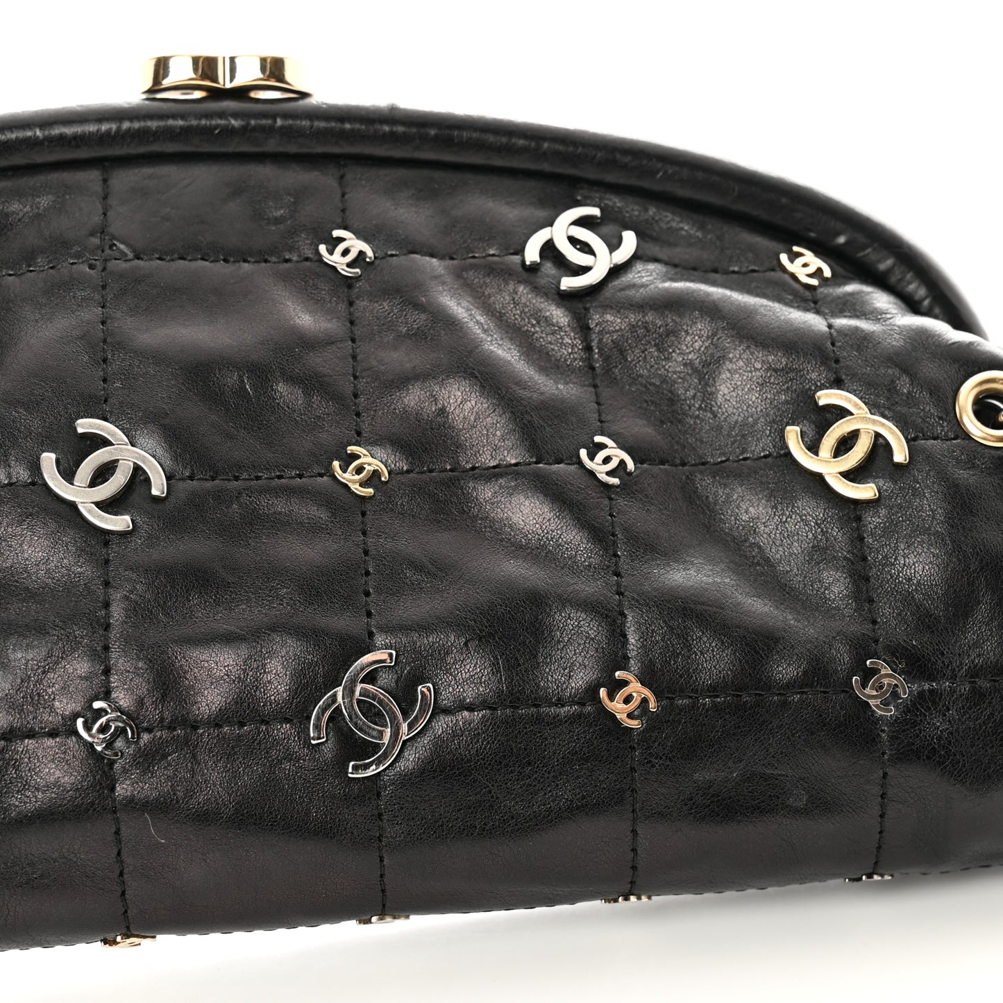 Calfskin Square Quilted Grommet Embellished Piercing Chic Clutch Black