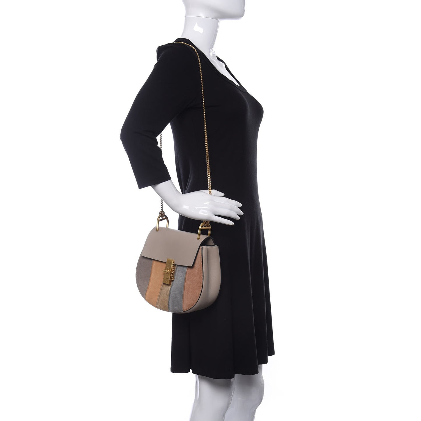 Suede Calfskin Striped Patchwork Drew Shoulder Bag Grey Multicolor