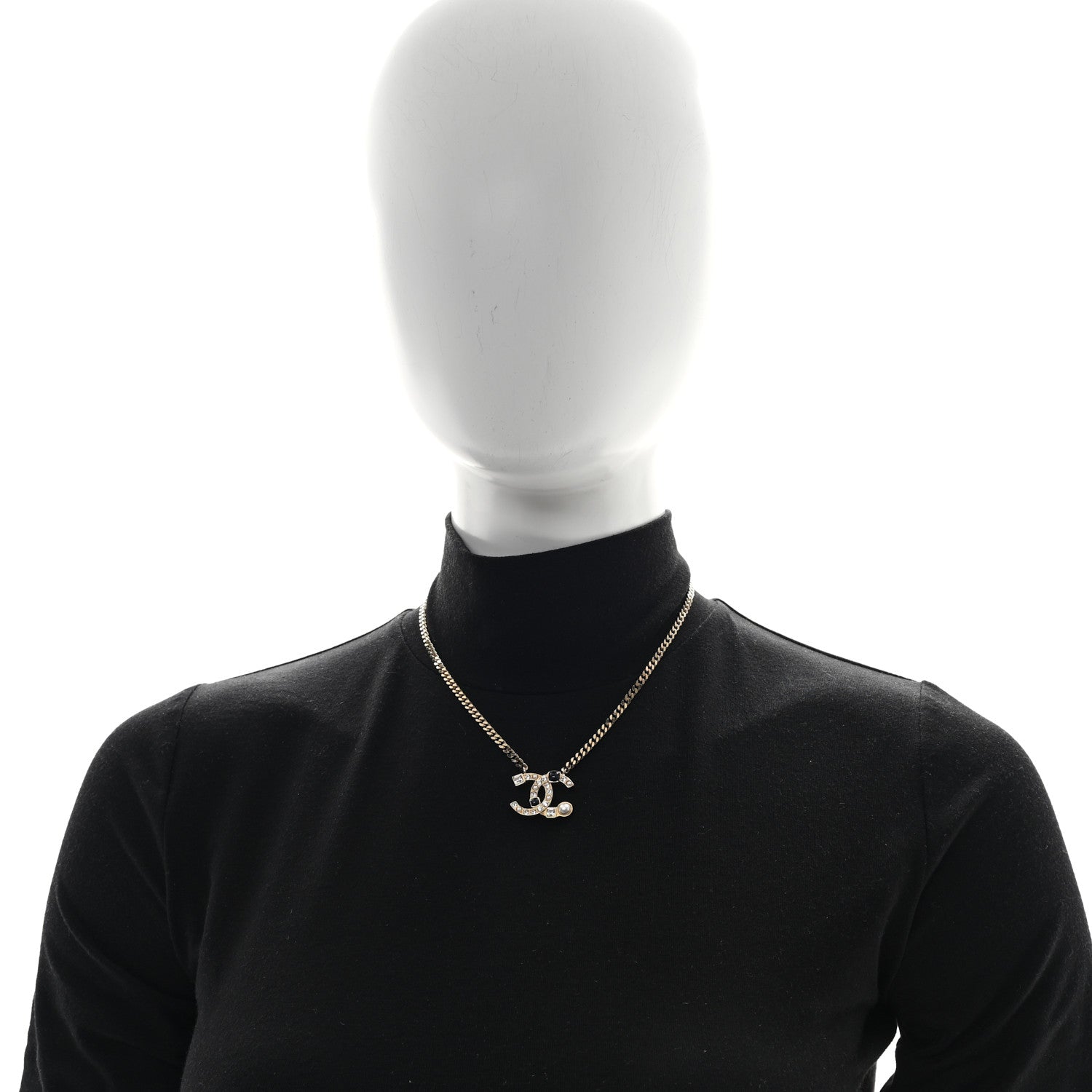 Chanel Crystal Pearl Resin CC Chain Necklace Gold Pearly White Black 2 of 5