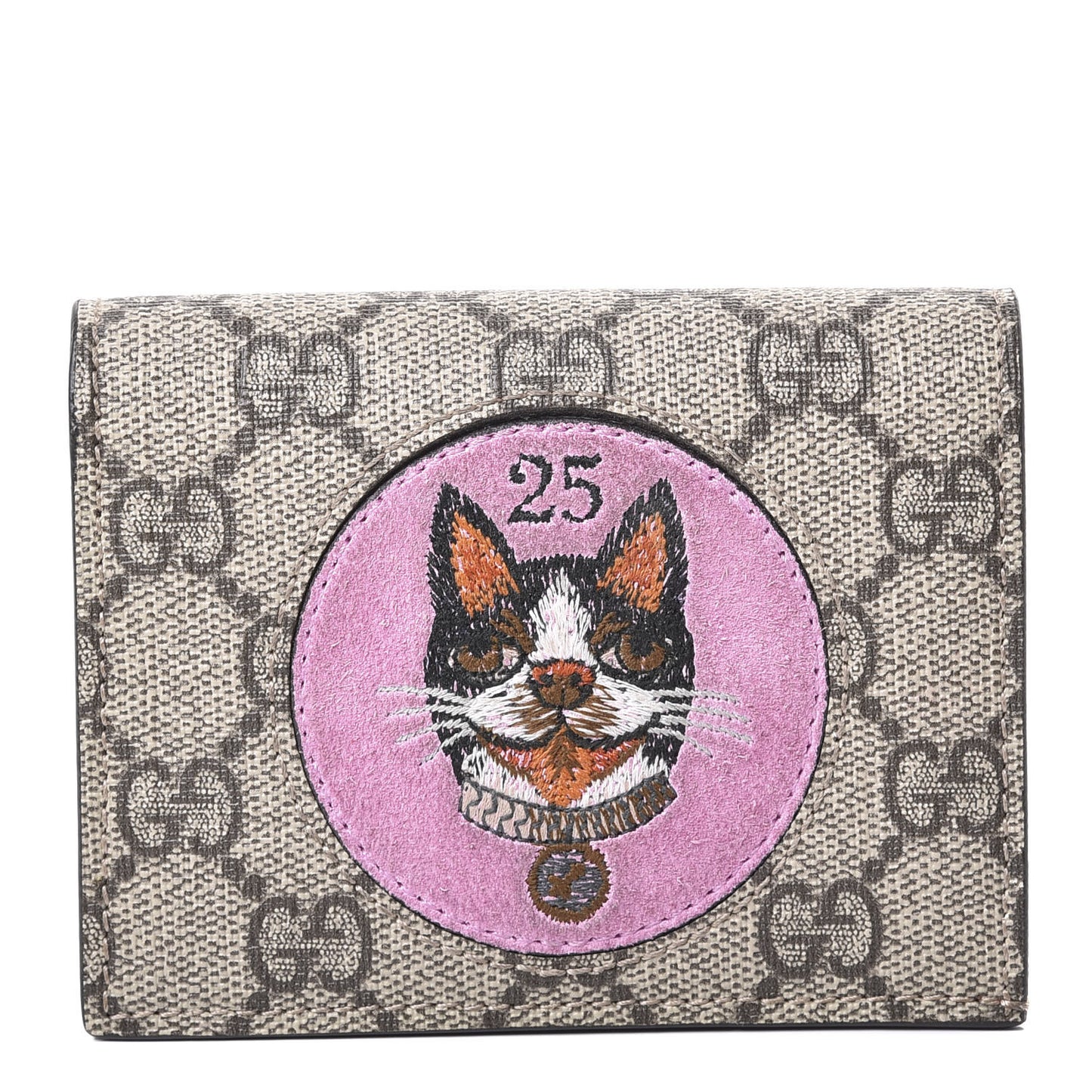 GG Supreme Monogram Bosco Patch Card Case Wallet Beige Malva Hibiscus Red