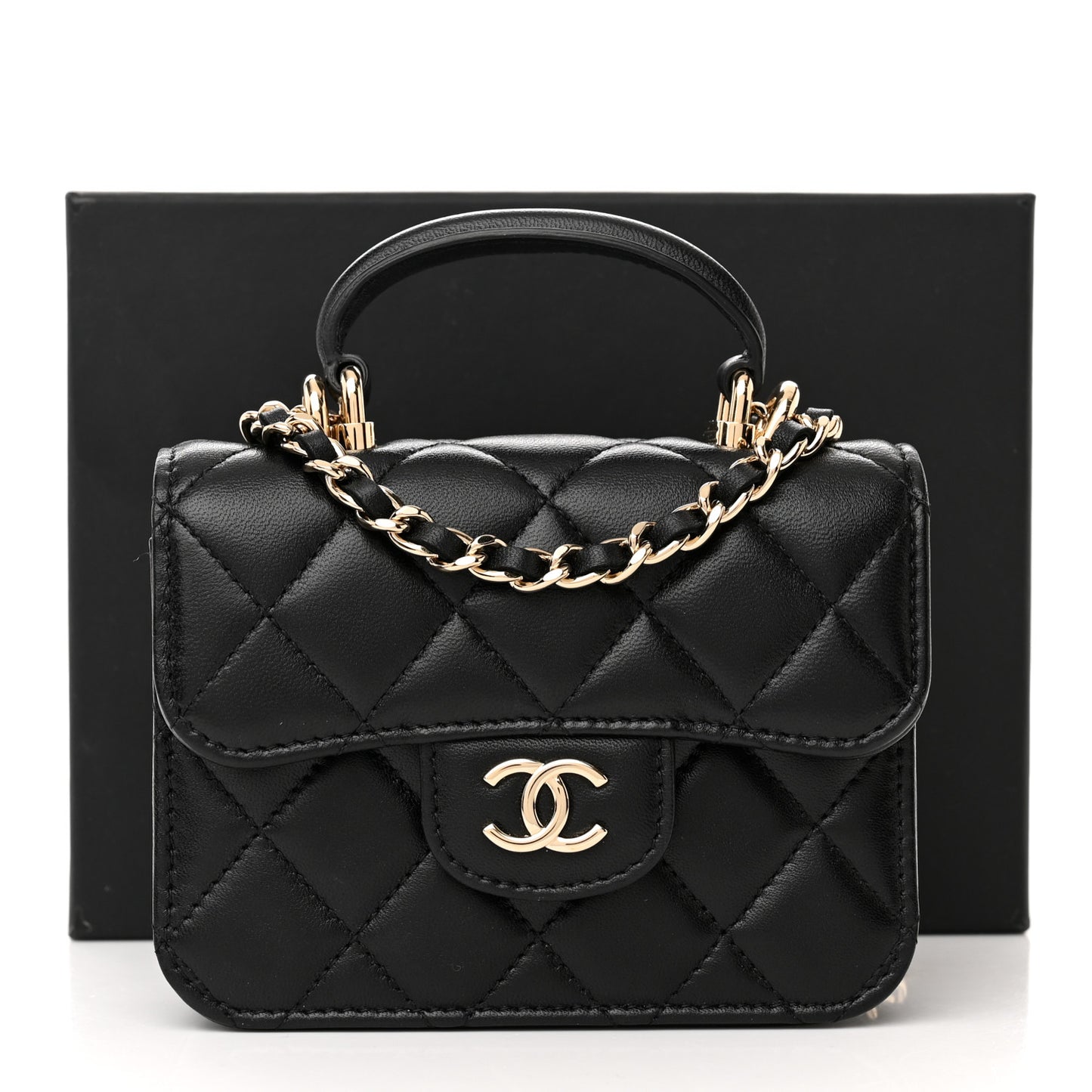 Lambskin Quilted Top Handle Flap Coin Purse With Chain Black
