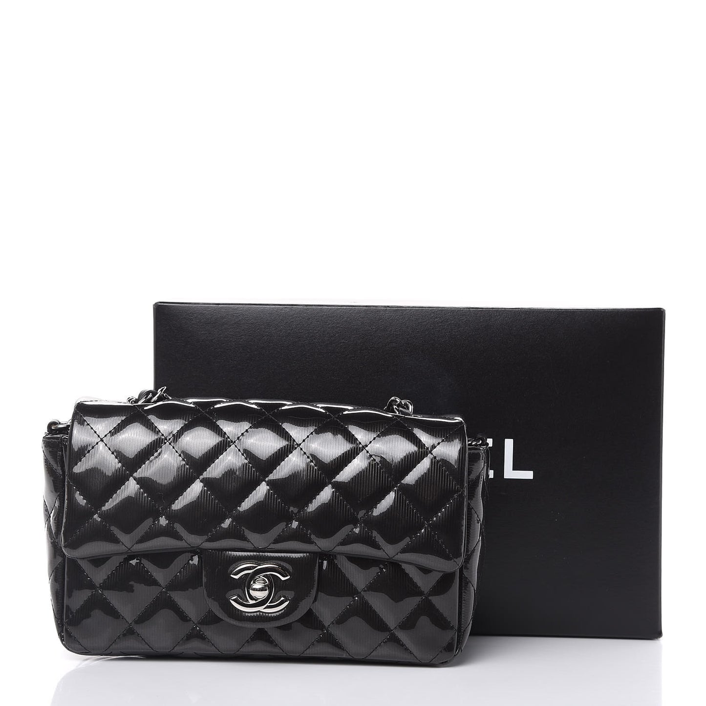 Striated Patent Quilted Mini Rectangular Flap Black