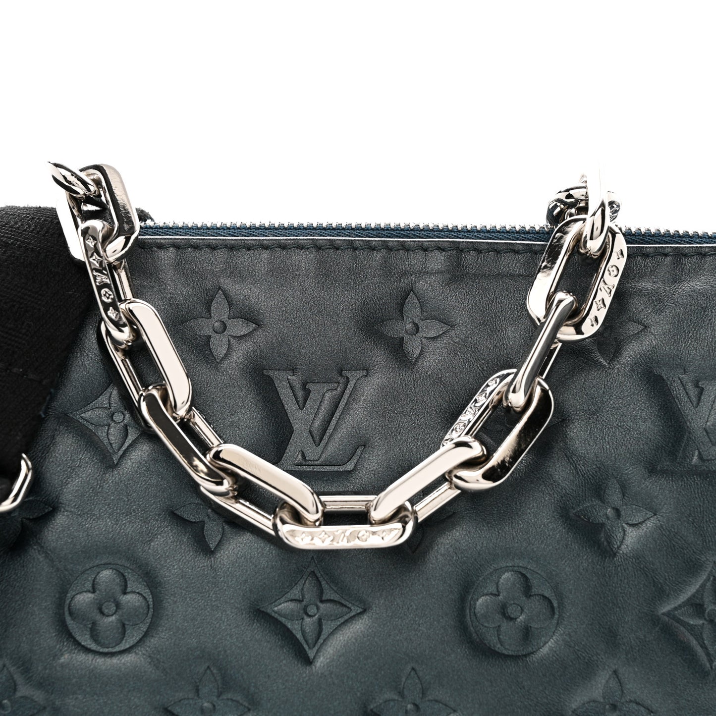 Metallic Lambskin Embossed Monogram Coussin PM Bleu