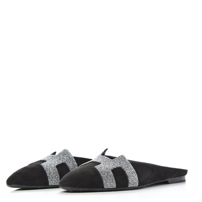Hermes Suede Goatskin Crystal Roxane Mules 39 Gris Argente Black 2 of 11