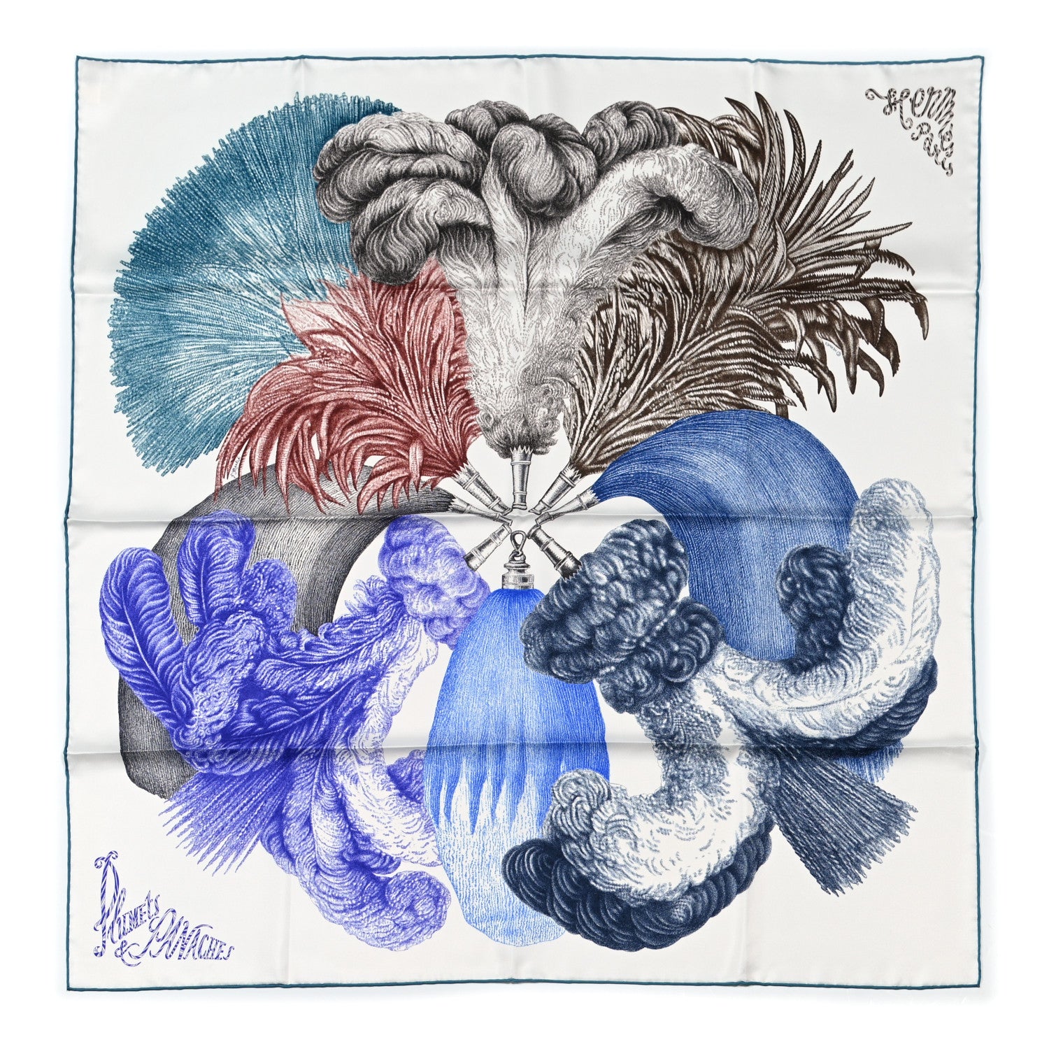 Hermes Silk Plumets Et Panaches Scarf 90 White Bleu Brun 1 of 6