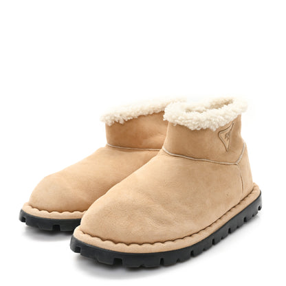 Prada Suede Shearling Logo Ankle Boots 39.5 Ecru 4 of 8