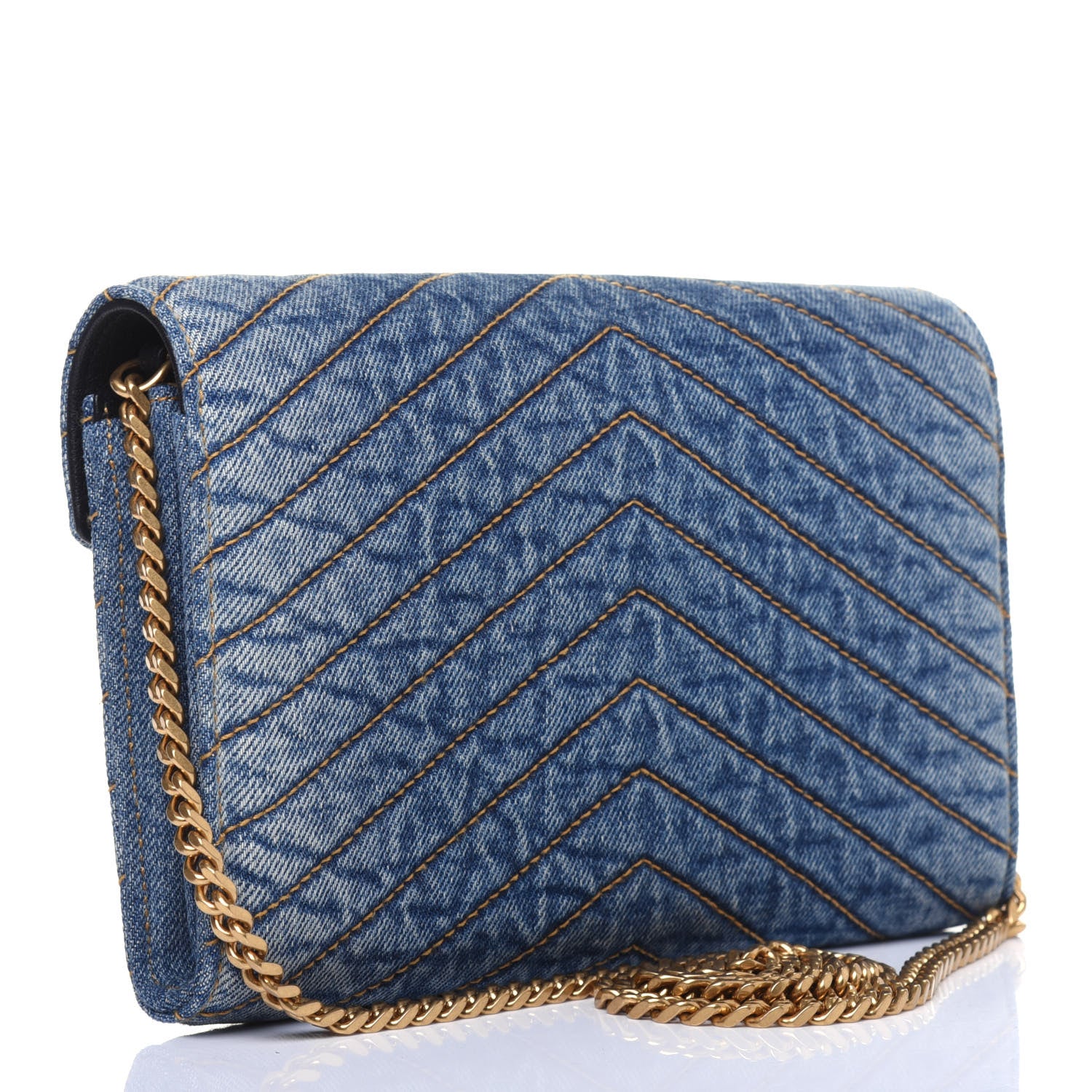 Saint Laurent Denim Matelasse Chevron Monogram Chain Wallet Blue Jeans 3 of 12