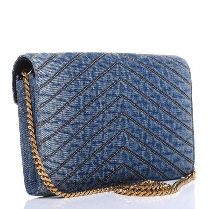 Saint Laurent Denim Matelasse Chevron Monogram Chain Wallet Blue Jeans 3 of 12
