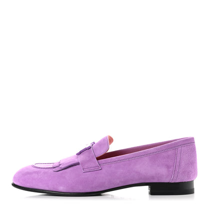 Hermes Suede Goatskin Womens Royal Loafers 38.5 Violet Parme 1 of 8