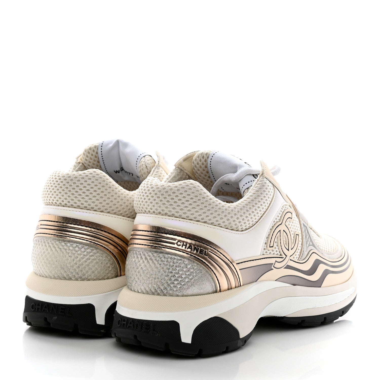 Chanel Fabric Laminated Calfskin Stretch CC Womens Sneakers 37 White Gold Silver 4 of 8