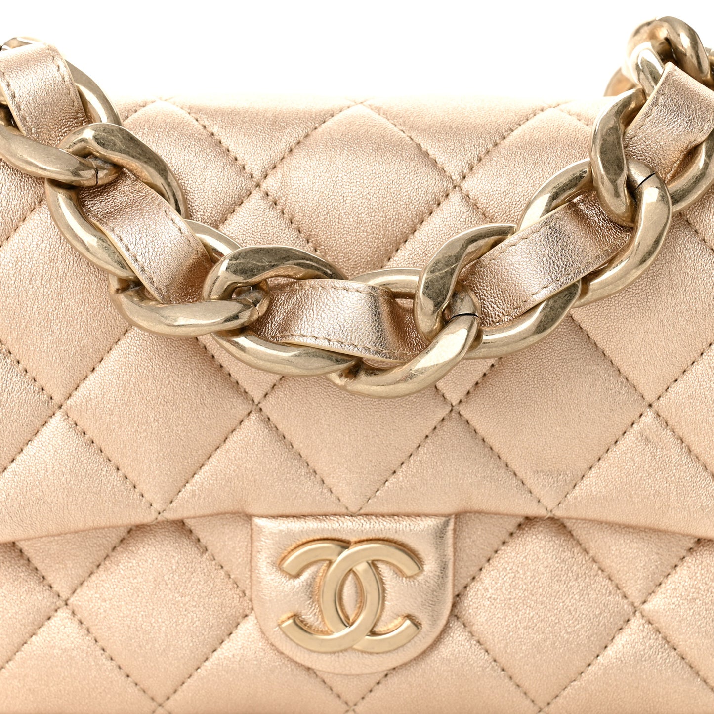 Metallic Lambskin Lacquered Quilted Small Flap Gold