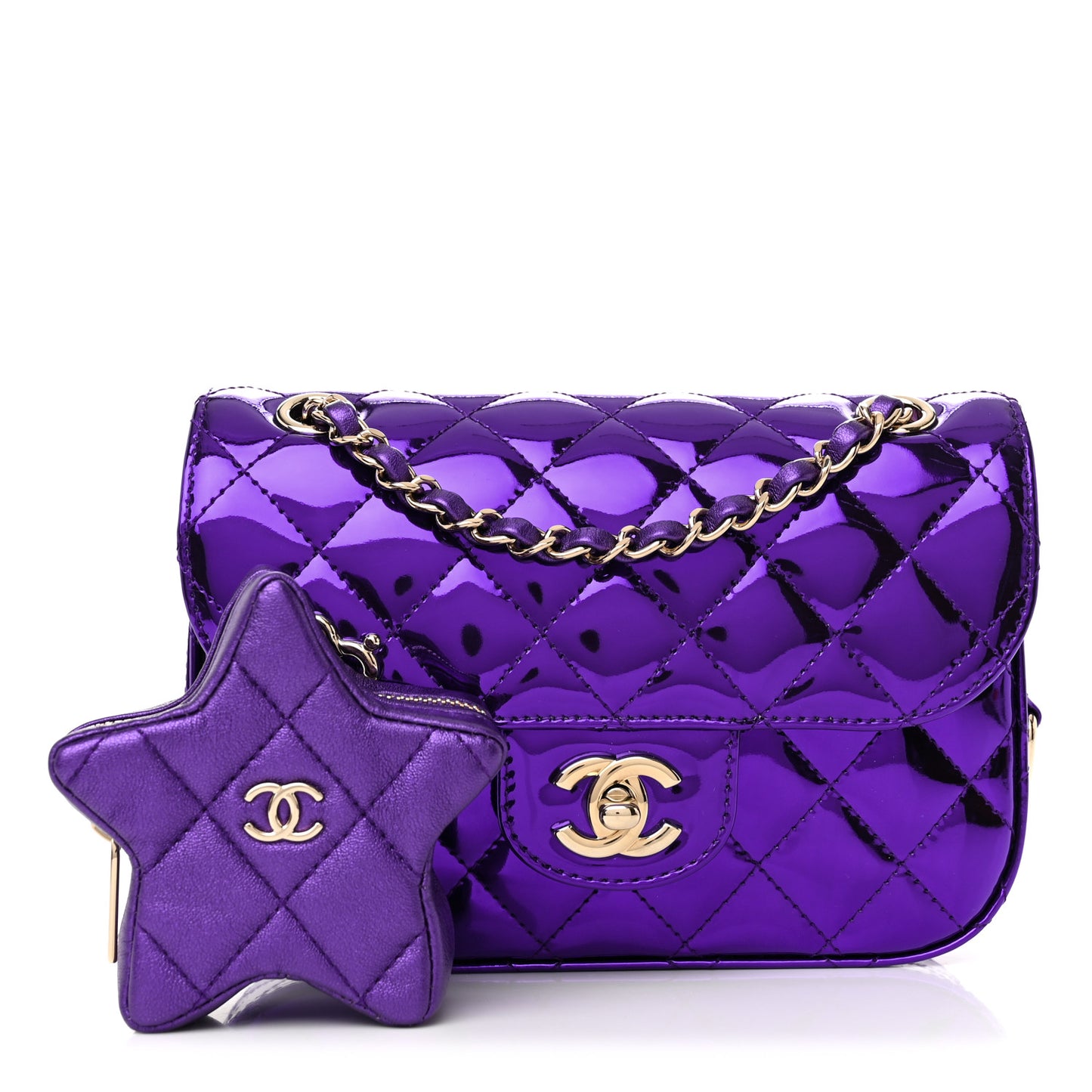 Mirror Calfskin Metallic Calfskin Quilted Hollywood Boulevard Mini Flap With Star Coin Purse Purple