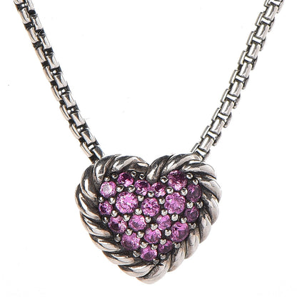 David Yurman Sterling Silver Pink Sapphire Petite Pave Heart Pendant Necklace 4 of 14