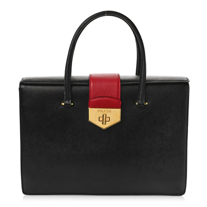 Prada Saffiano Tri-Color Large Turn Lock Satchel Black Talco Rosso 1 of 7