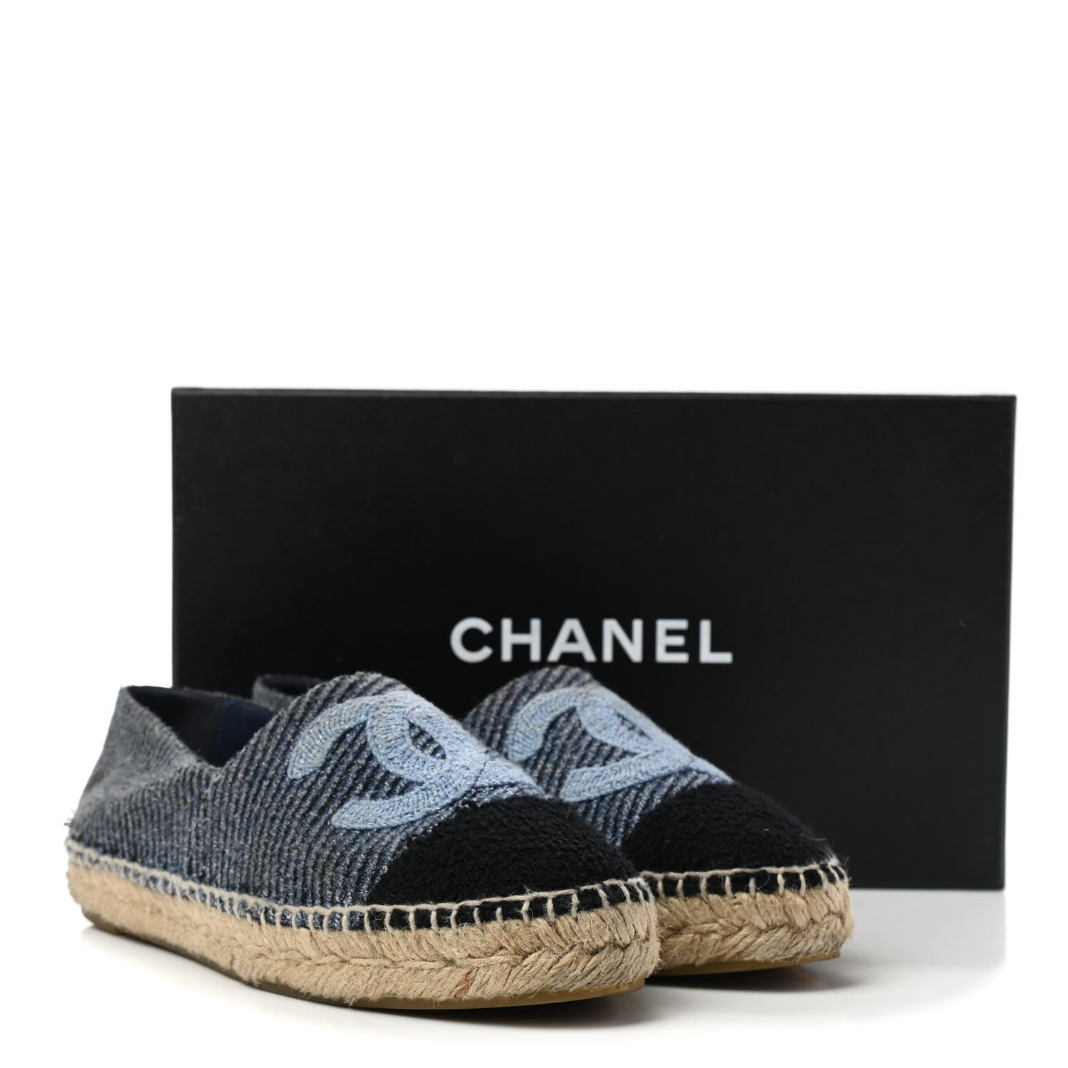 Chanel Cotton Tweed CC Espadrilles 38 Blue Ecru Black 10 of 15