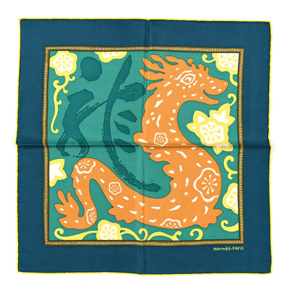 Hermes Silk Twill L Annee Du Dragon Pocket Square Scarf 1 of 3