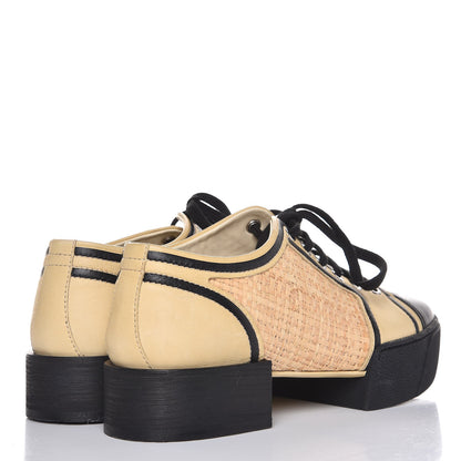 Chanel Straw Calfskin Lace Up Sneakers 39.5 Beige Black 4 of 9