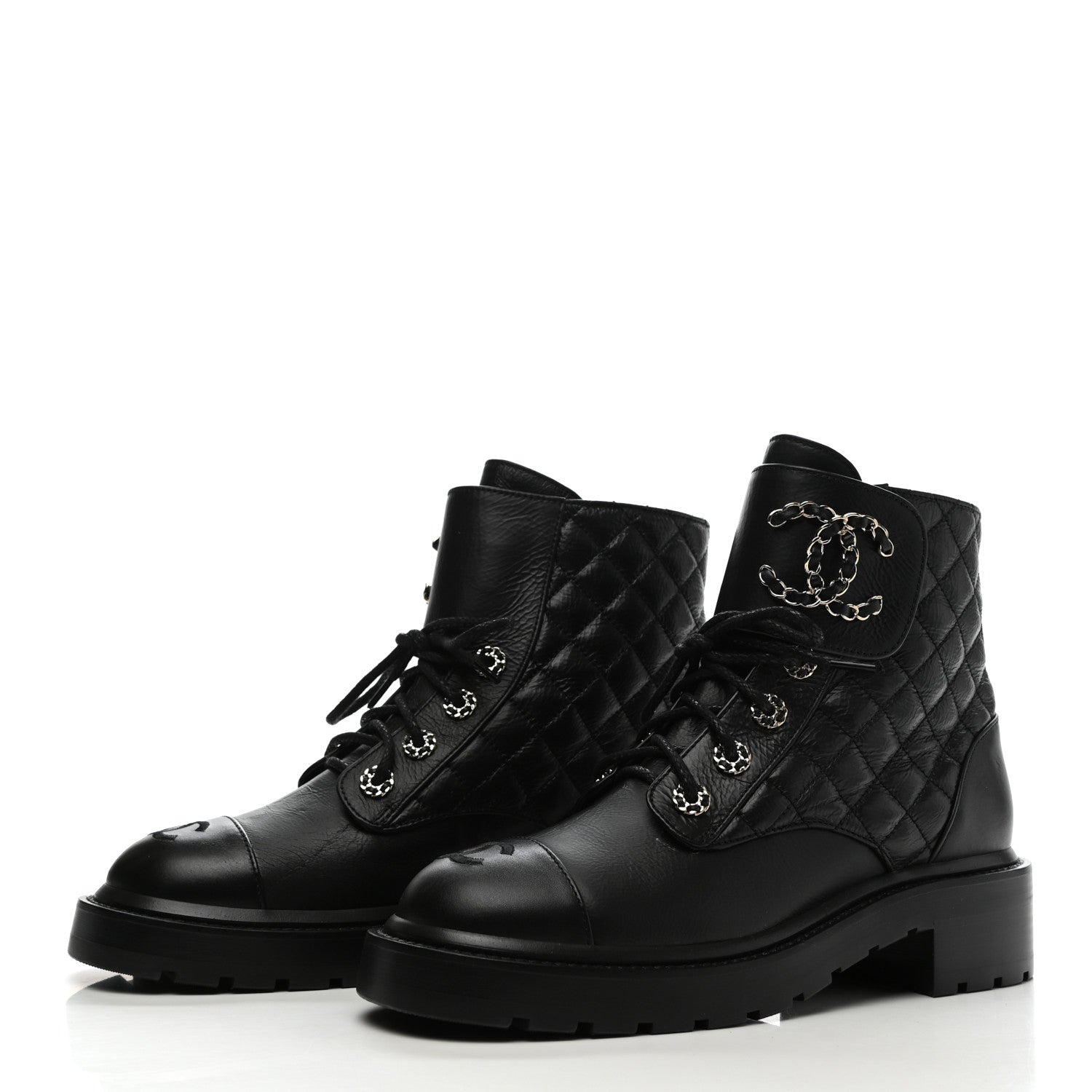 Chanel Shiny Goatskin Calfskin Quilted Lace Up Combat Boots 38 Black 3 of 8