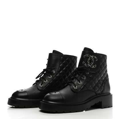 Chanel Shiny Goatskin Calfskin Quilted Lace Up Combat Boots 38 Black 3 of 8