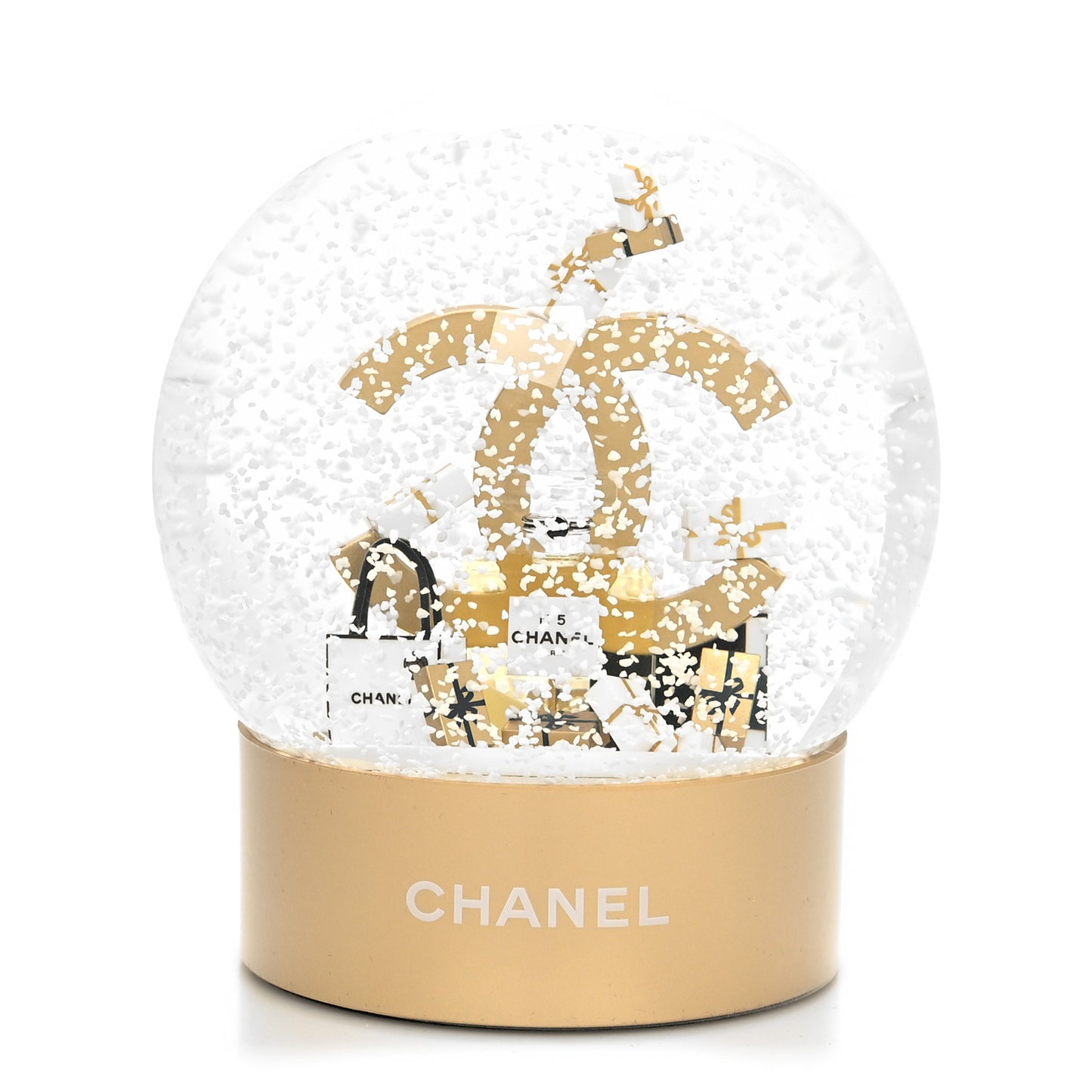Glass CC Shopping Bag Snow Globe Gold
