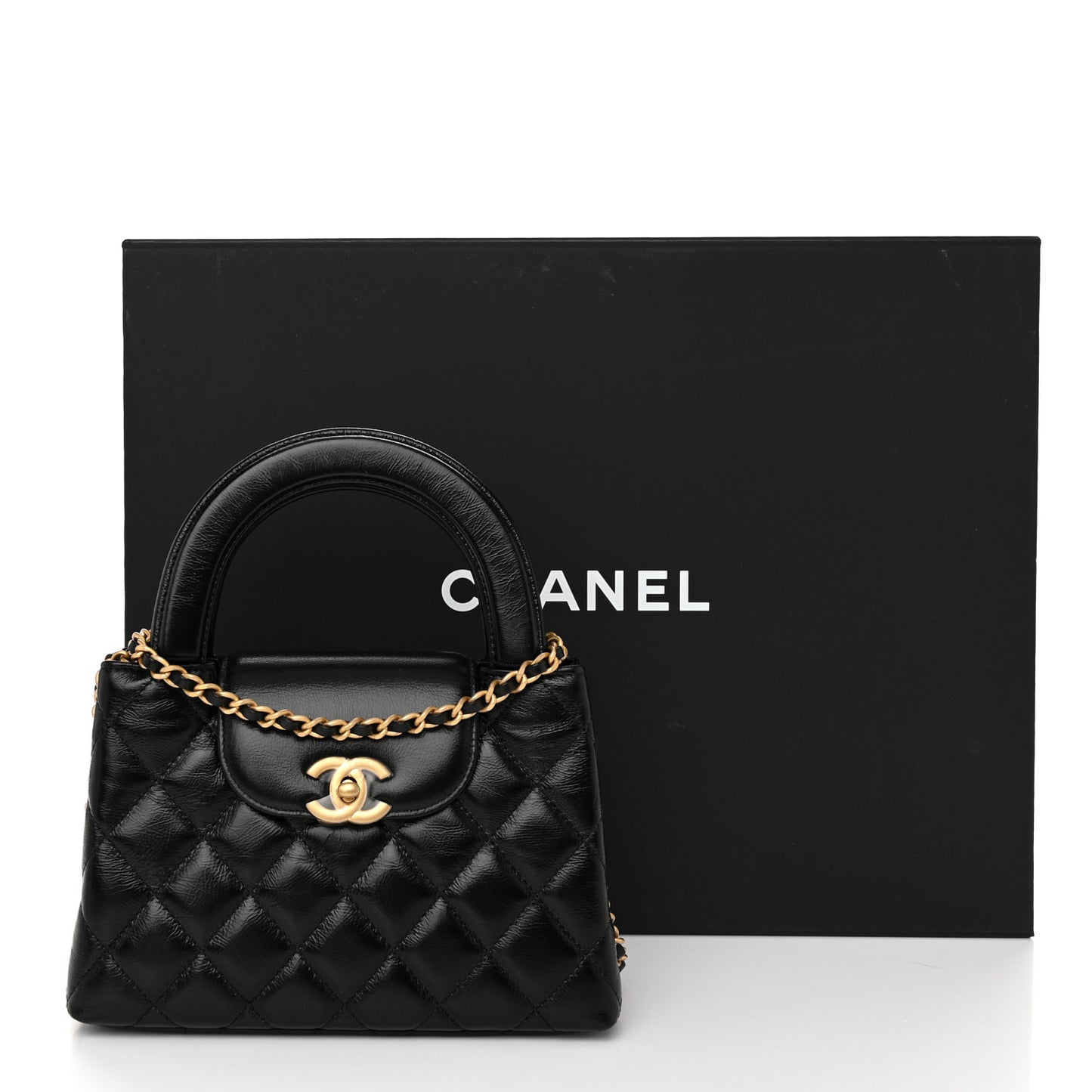 Shiny Aged Calfskin Quilted Nano Kelly Shopper Black