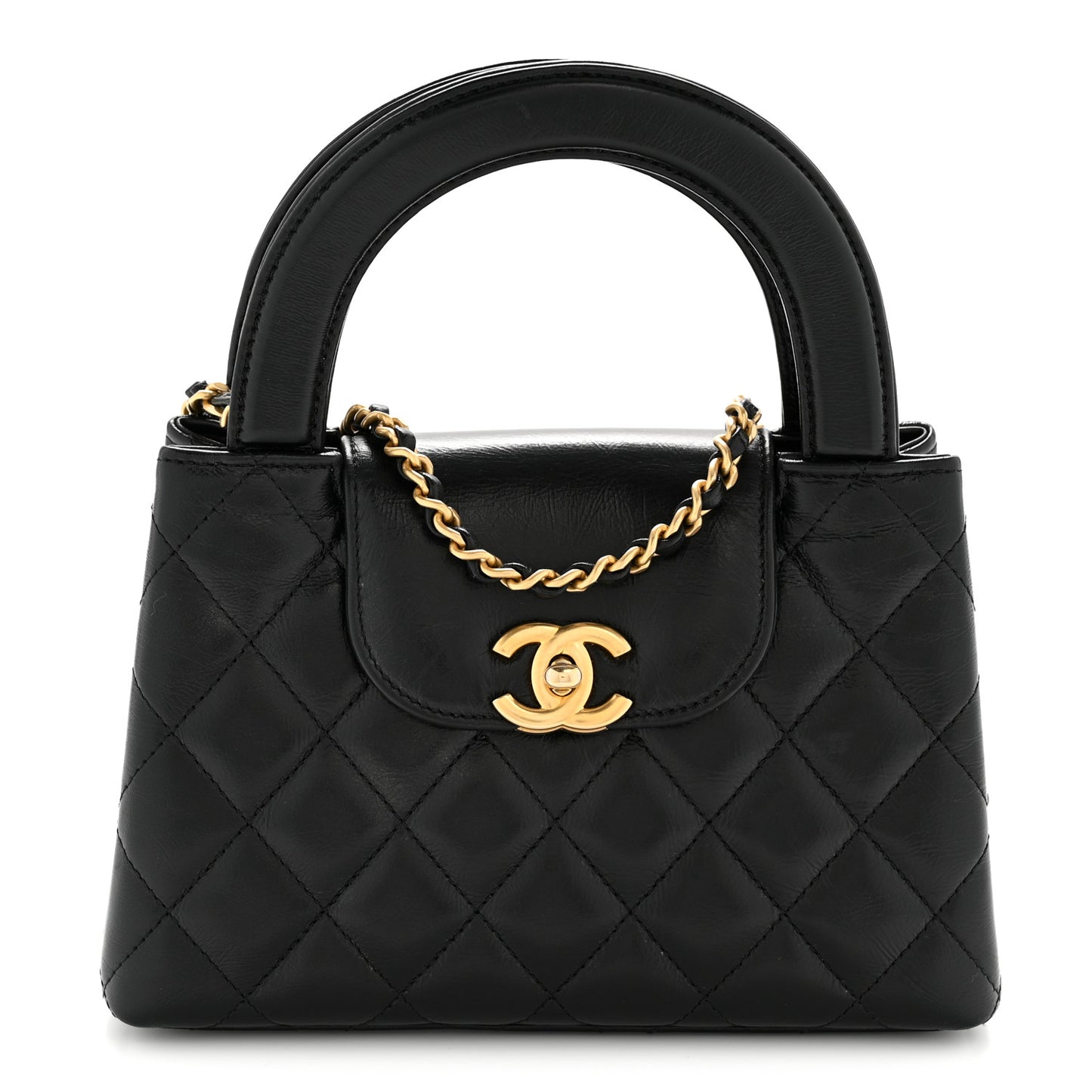 Shiny Aged Calfskin Quilted Nano Kelly Shopper Black