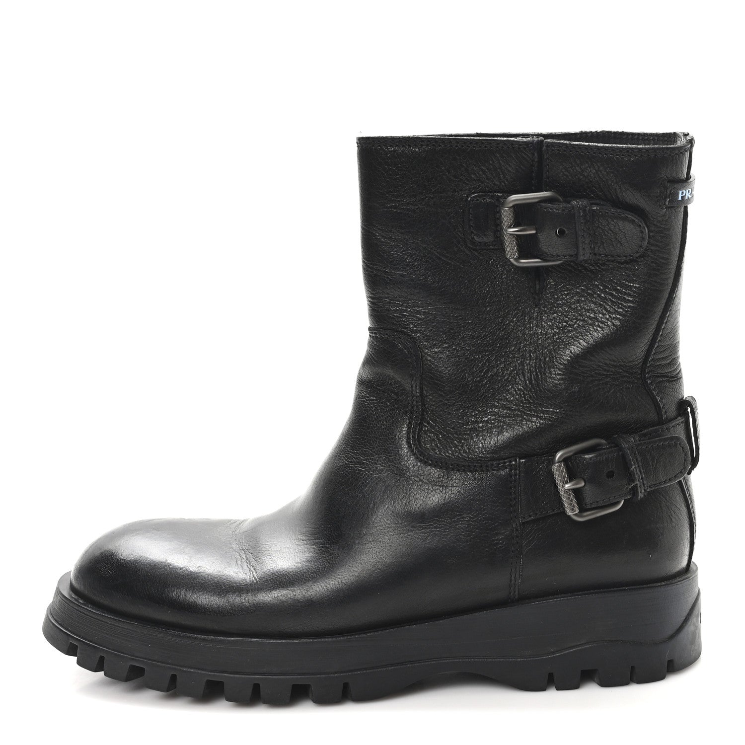 Prada Calfskin Double Buckle Combat Boots 37 Black 1 of 9